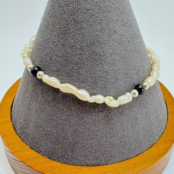 Biwa Pearl Cabochon Black Onyx Beaded Bracelet Spring Ring Clasp 7.25" Length - Picture 3 of 11